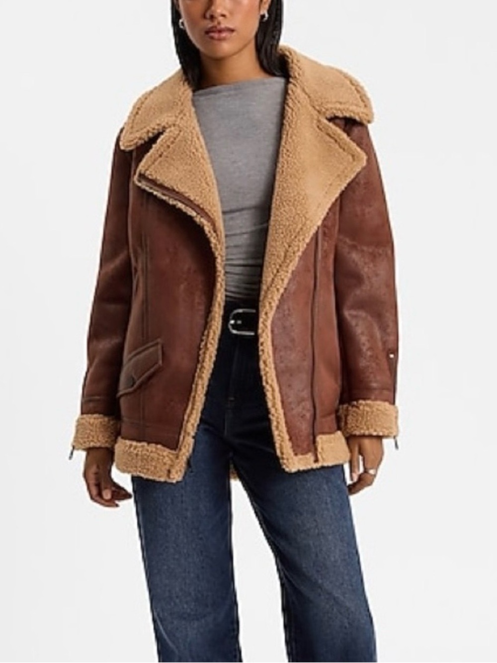 Express Women’s Brown Shearling-Trim Aviator Jacket- Brand New Without Tags!